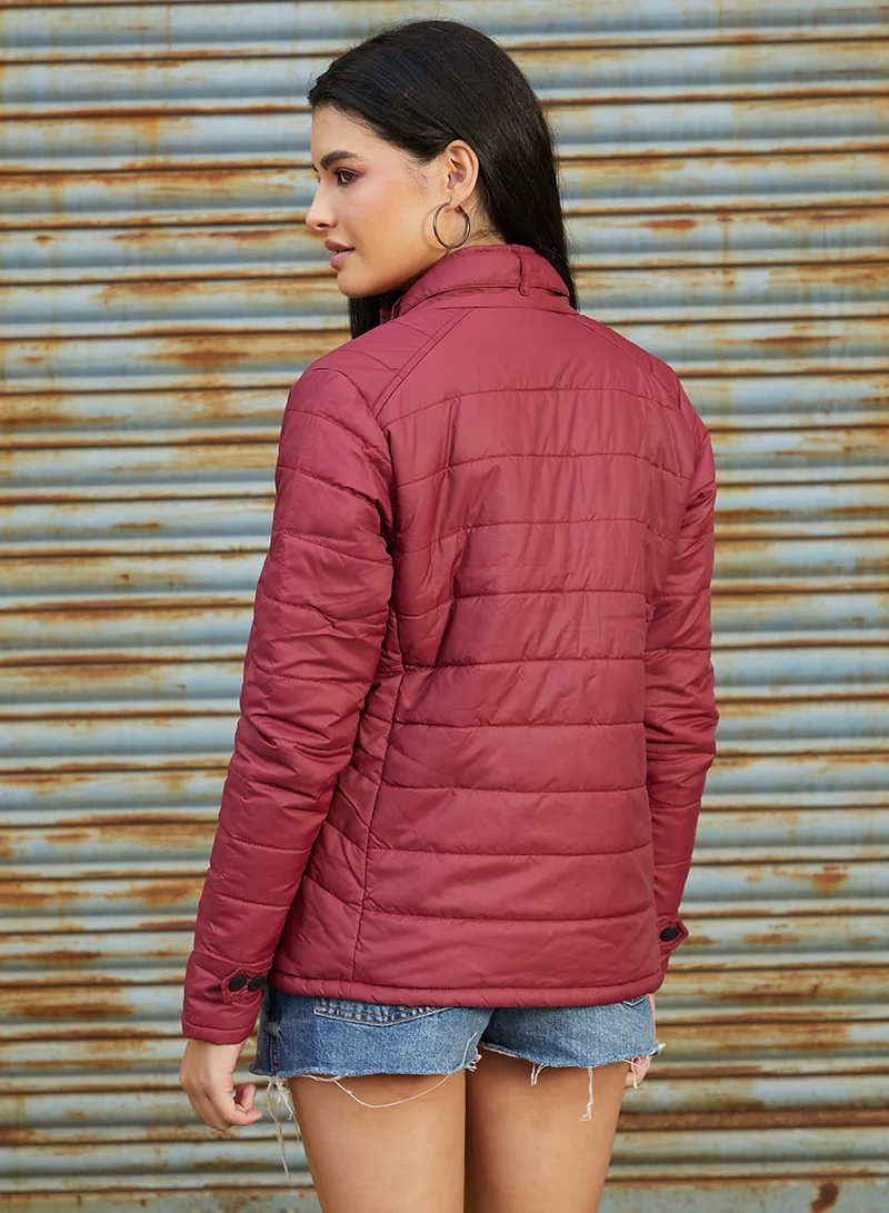 Pinacolada  Women's Brick Red Puffer Jacket With Flap Insert Pockets for Women | Best Price UAE