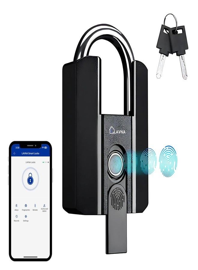 LAVNA Heavy Duty Smart Padlock with 3 Way Access Fingerprint, Mobile App & Key Ip67 Waterproof Suitable for Main Doors, Bags, Suitcase, Garage Door, Cabinet, Warehouse Doors & Shutter (Large) Black - Image 1