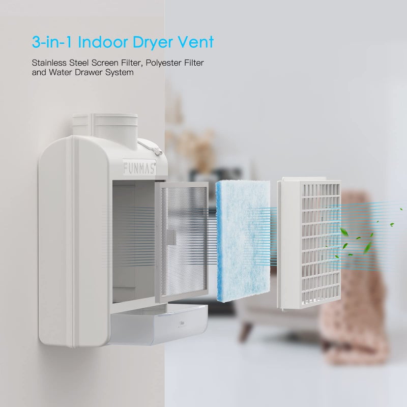 FunMas FUNMAS 3-in-1 Indoor Dryer Vent, Stainless Steel Screen Filter, Polyester Filter and Water Drawer System, Upgrade Safety Vent Flap, with 4 Pieces Polyester Filters, For Electric Clothes Dryers  - Image 2