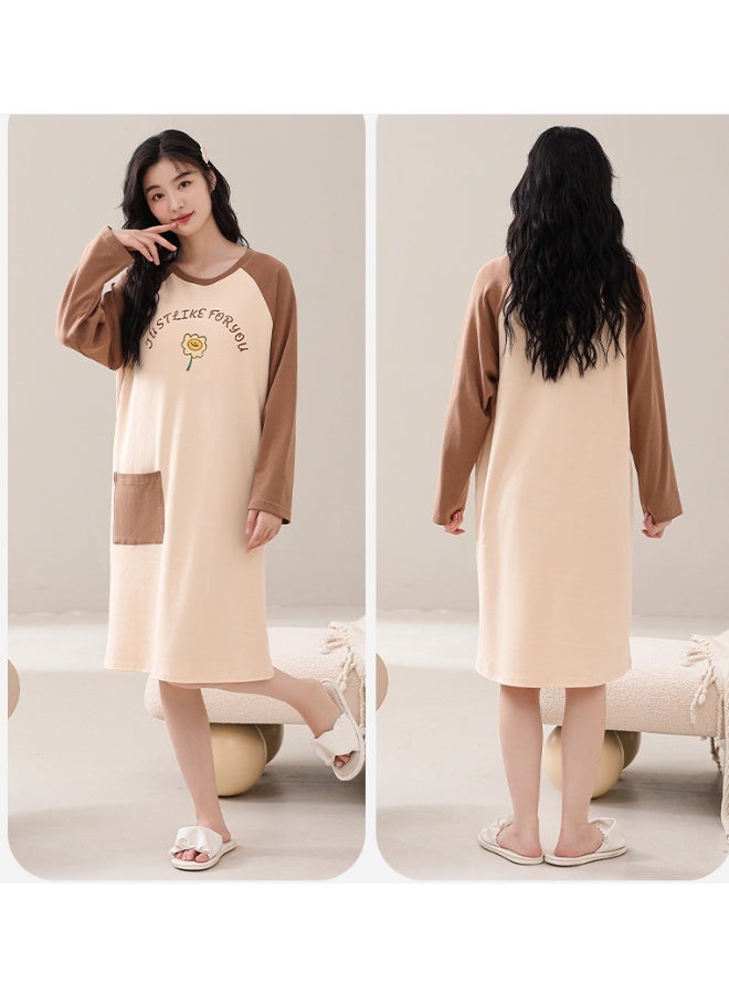 Autumn Cotton Sleep Dress Women's Loose Long Sleeve Built-in Bra Pad Midi Dress Casual Spring Summer Home Wear Nightgown - Image 2