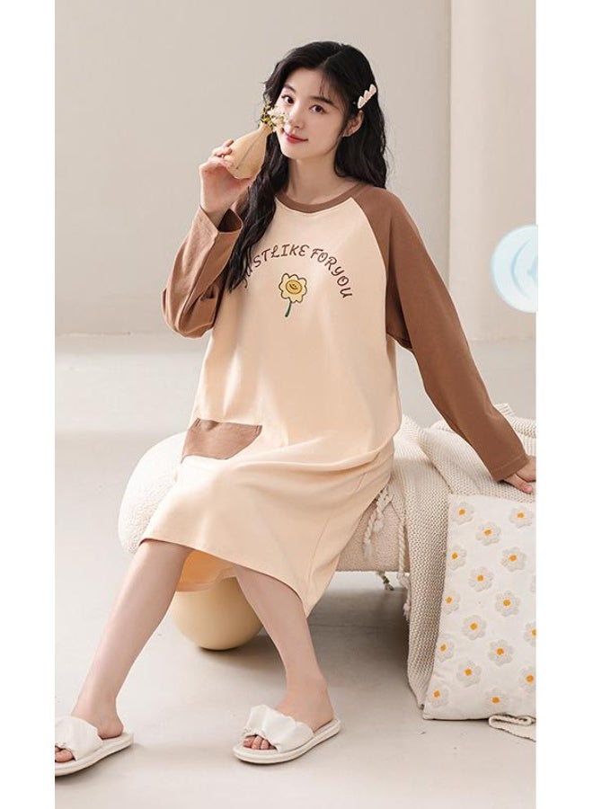 Autumn Cotton Sleep Dress Women's Loose Long Sleeve Built-in Bra Pad Midi Dress Casual Spring Summer Home Wear Nightgown - Image 1