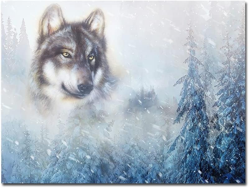 Paimuni Wolf Canvas Wall Art Animal Picture Black and White Wolf Blue Forest Landscape Painting Modern Prints Ready to Hang 12x16 Inch - Image 1