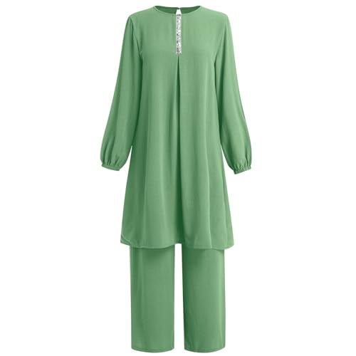 ODIZLI Abaya Kaftans for Women Modern Elegant Dubai Caftan Arabic Party Wear Beach Kaftan Dress Top Wide Leg Pants Prayer Clothes For Muslim Women Muslim Clothes Eid Ramadan Outfit Green b L - Image 5