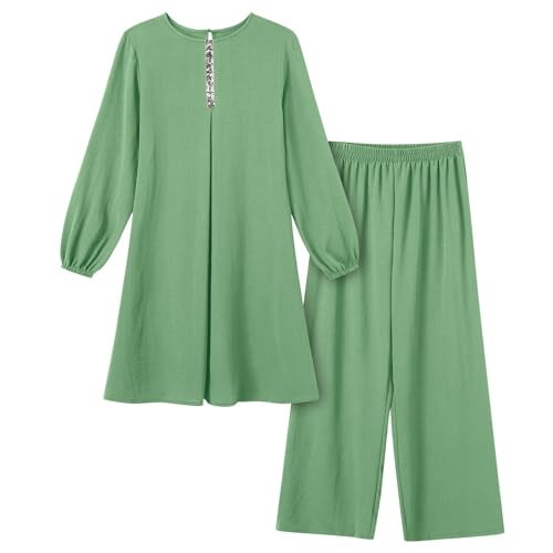 ODIZLI Abaya Kaftans for Women Modern Elegant Dubai Caftan Arabic Party Wear Beach Kaftan Dress Top Wide Leg Pants Prayer Clothes For Muslim Women Muslim Clothes Eid Ramadan Outfit Green b L - Image 4