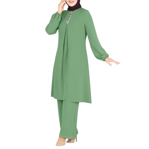 ODIZLI Abaya Kaftans for Women Modern Elegant Dubai Caftan Arabic Party Wear Beach Kaftan Dress Top Wide Leg Pants Prayer Clothes For Muslim Women Muslim Clothes Eid Ramadan Outfit Green b L - Image 1