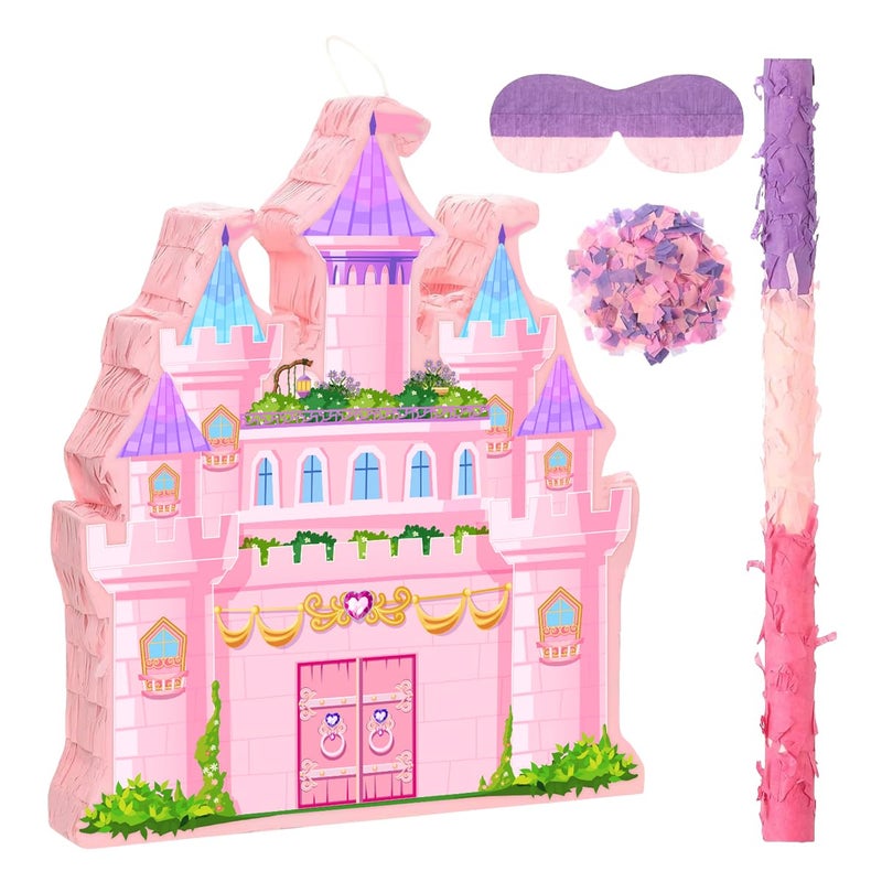 Ipalmay Princess Castle Pinata Cute Pink Castle Pinata with Blindfold and Bat for Girls Birthday Baby Shower Cinco De Mayo Mexican Fiesta Events Girls Childrens Day Princess Themed Party Favors - Image 3