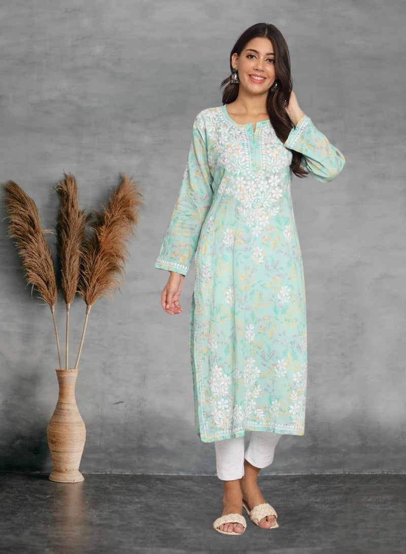 Alaya Hand Embroidered Chikan Printed Mulmul Straight Kurta-AL3680  - Image 1