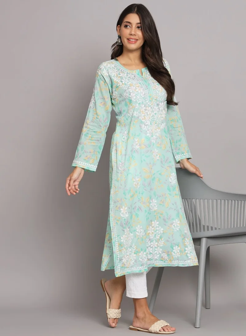Alaya Hand Embroidered Chikan Printed Mulmul Straight Kurta-AL3680