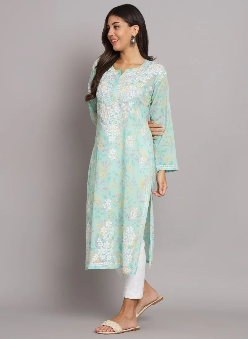 Alaya Hand Embroidered Chikan Printed Mulmul Straight Kurta-AL3680