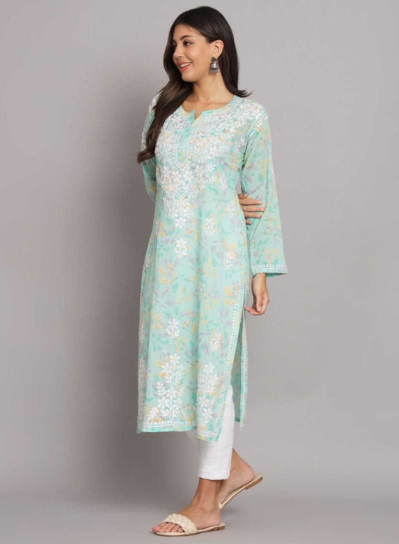 Alaya Hand Embroidered Chikan Printed Mulmul Straight Kurta-AL3680  - Image 4