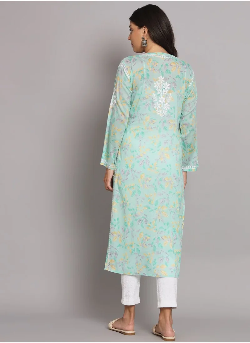 Alaya Hand Embroidered Chikan Printed Mulmul Straight Kurta-AL3680