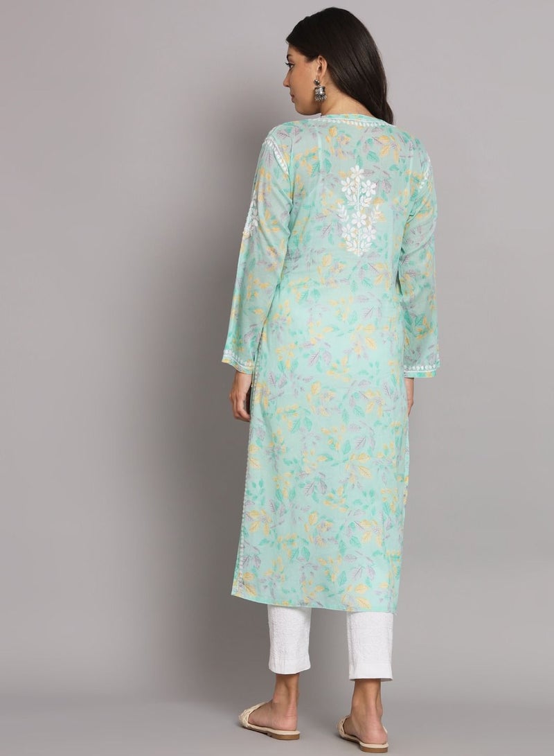 Alaya Hand Embroidered Chikan Printed Mulmul Straight Kurta-AL3680  - Image 2