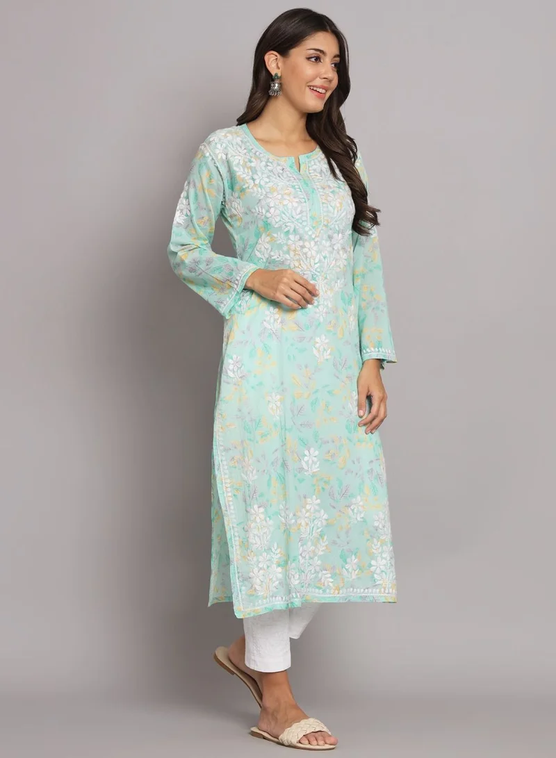 Alaya Hand Embroidered Chikan Printed Mulmul Straight Kurta-AL3680