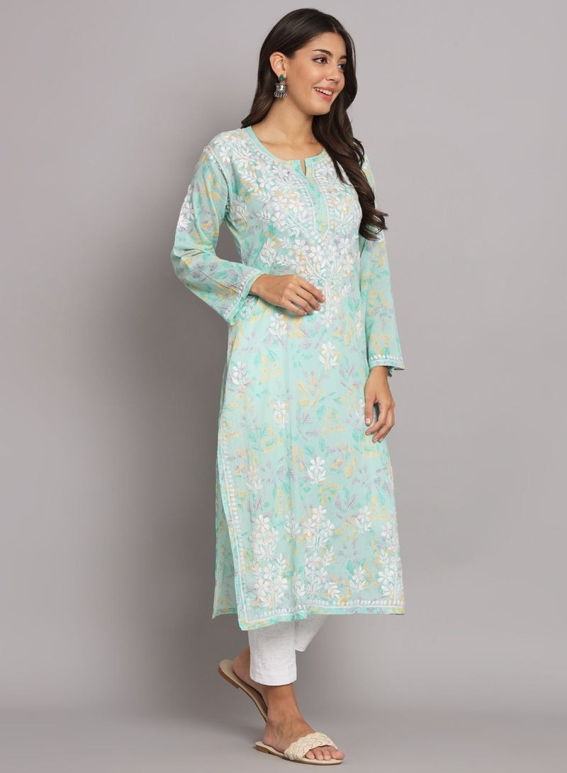 Alaya Hand Embroidered Chikan Printed Mulmul Straight Kurta-AL3680  - Image 3