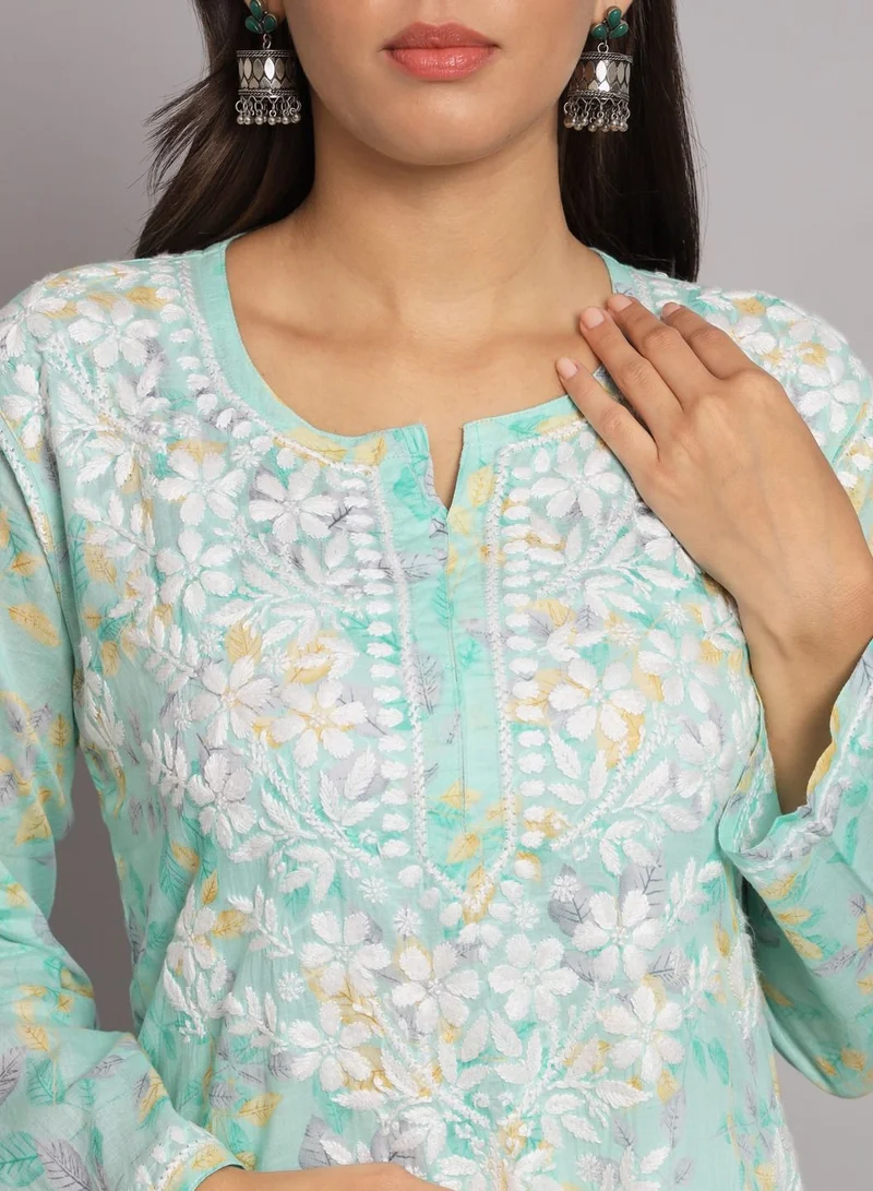 Alaya Hand Embroidered Chikan Printed Mulmul Straight Kurta-AL3680