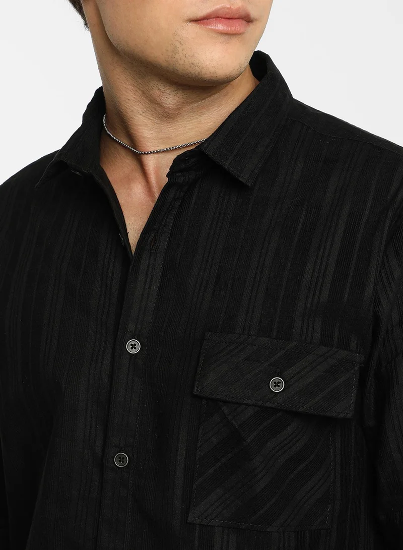 Campus Sutra Campus Sutra Men's Midnight Black Multitrack-Striped Shirt For Casual Wear | Spread Collar | Long Sleeve | Button Closure | Shirt Crafted With Comfort Fit For Everyday Wear