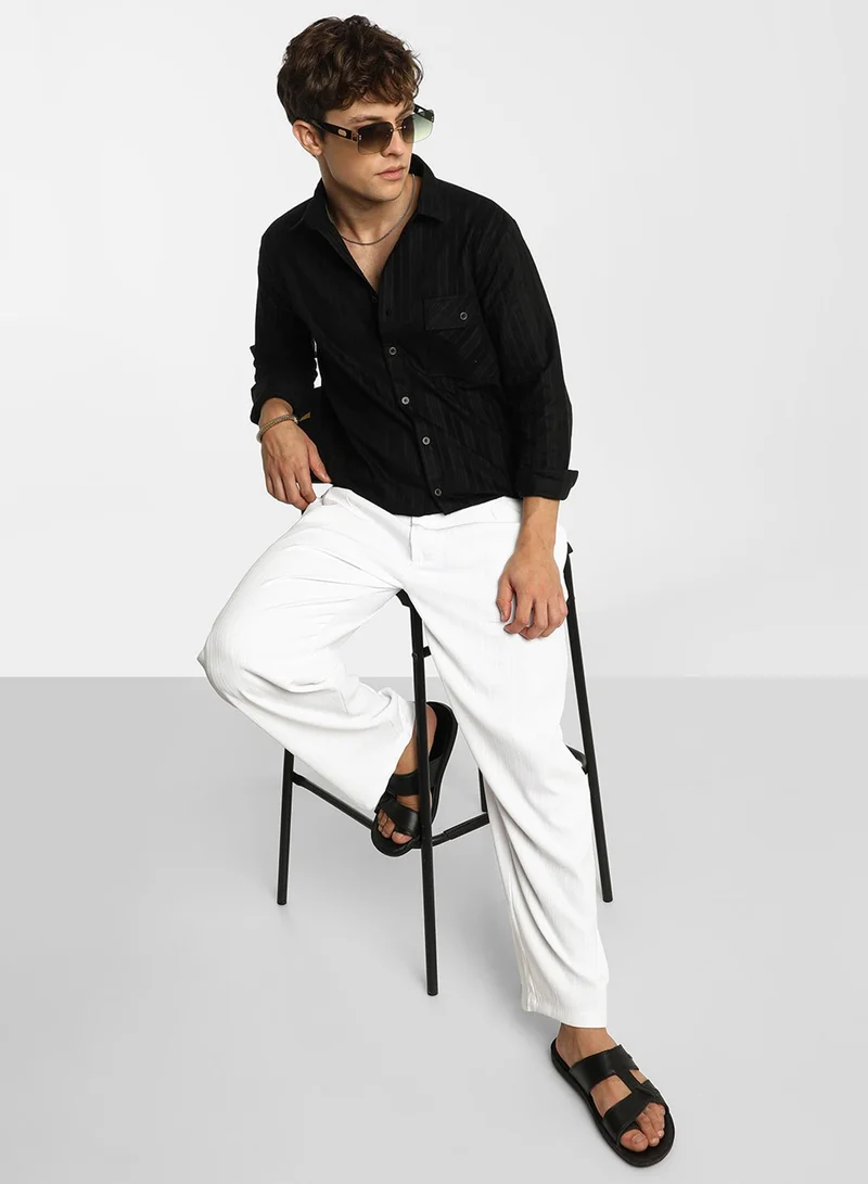 Campus Sutra Campus Sutra Men's Midnight Black Multitrack-Striped Shirt For Casual Wear | Spread Collar | Long Sleeve | Button Closure | Shirt Crafted With Comfort Fit For Everyday Wear