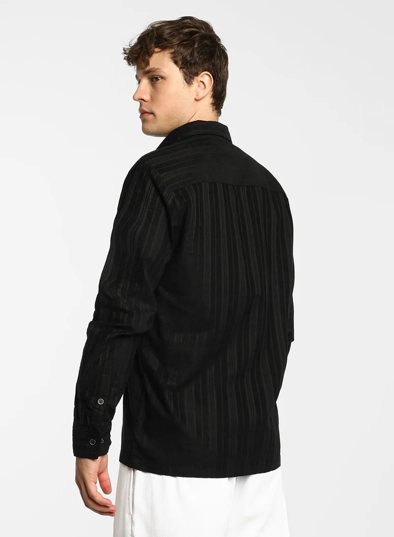 Campus Sutra Campus Sutra Men's Midnight Black Multitrack-Striped Shirt For Casual Wear | Spread Collar | Long Sleeve | Button Closure | Shirt Crafted With Comfort Fit For Everyday Wear