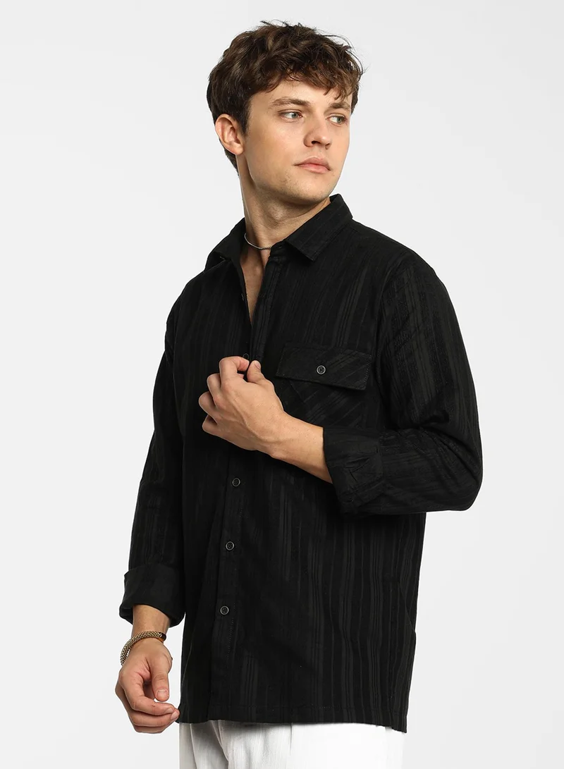 Campus Sutra Campus Sutra Men's Midnight Black Multitrack-Striped Shirt For Casual Wear | Spread Collar | Long Sleeve | Button Closure | Shirt Crafted With Comfort Fit For Everyday Wear