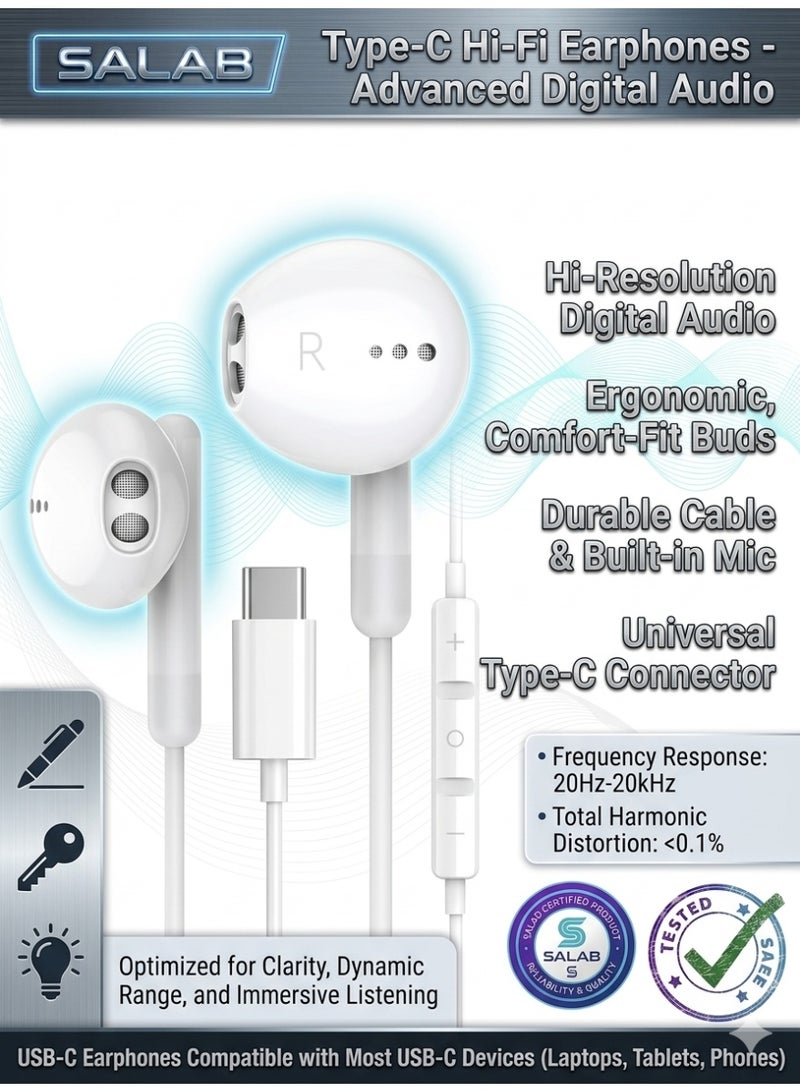 Salab Type C Earphones, Type C Headphones, USB C Headphones HiFi Stereo in Ear Wired Earbuds USB C Earphones, Type C Headphones with Mic Compatible with Samsung Galaxy S21 Ultra S20 FE Note 10 Google Pixel 6 5 4XL Oneplus 9 8 - Image 1