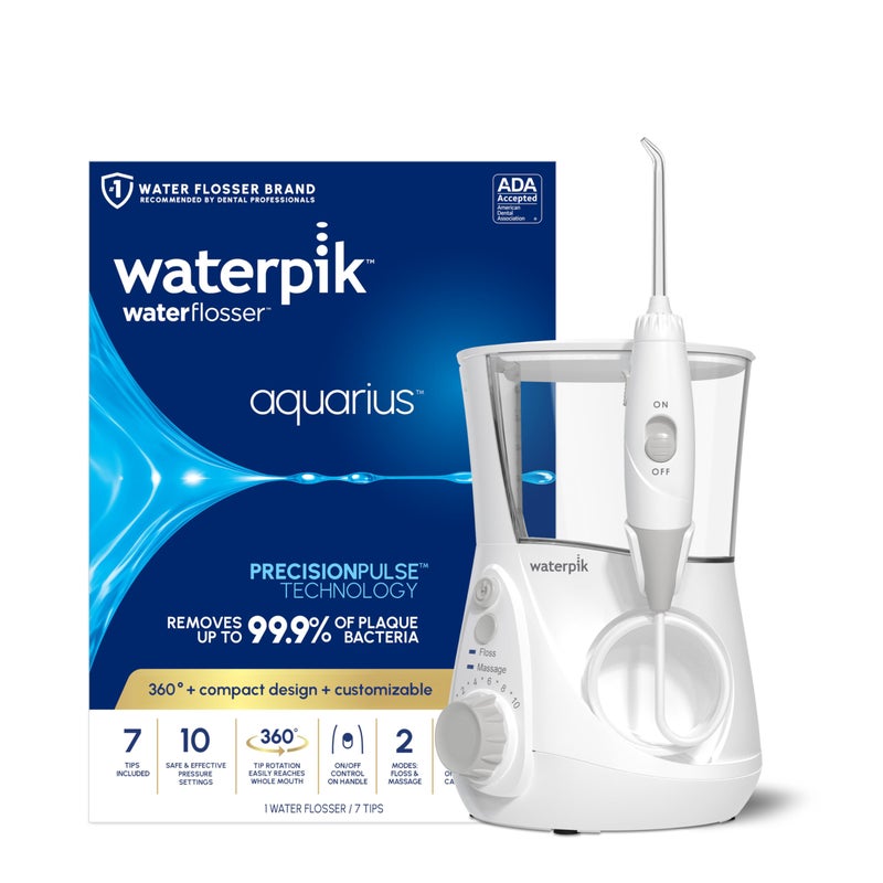 Waterpik Aquarius Water Flosser For Teeth Cleaning, Gums, Braces, Dental Care, Electric Power With 10 Settings, 7 Tips For Multiple Users And Needs, ADA Accepted, White WP-660, Packaging May Vary - Image 1
