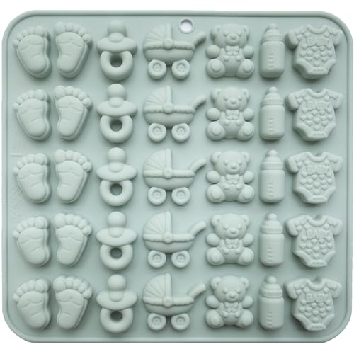 ScivoKaval Baby Shower Silicone Mold with Onesie Pacifier Bottle Baby Footprint Bear Carriage Mold for Chocolate Cake Candy Gummy Cupcake Decoration Party Cupcake Topper - Image 1