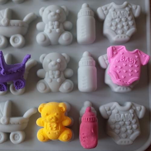 ScivoKaval Baby Shower Silicone Mold with Onesie Pacifier Bottle Baby Footprint Bear Carriage Mold for Chocolate Cake Candy Gummy Cupcake Decoration Party Cupcake Topper - Image 5