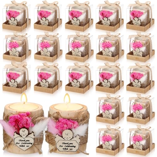 Mtlee مجموعة شموع المعمودية MTLEE 20 مجموعة هدايا للضيوف حوامل شموع خشبية مع شموع تيلايت بطاقات وصناديق هدايا للمعمودية حفلات الزفاف حفلات استقبال الأطفال تذكارات (وردي، طفل)  - Image 1