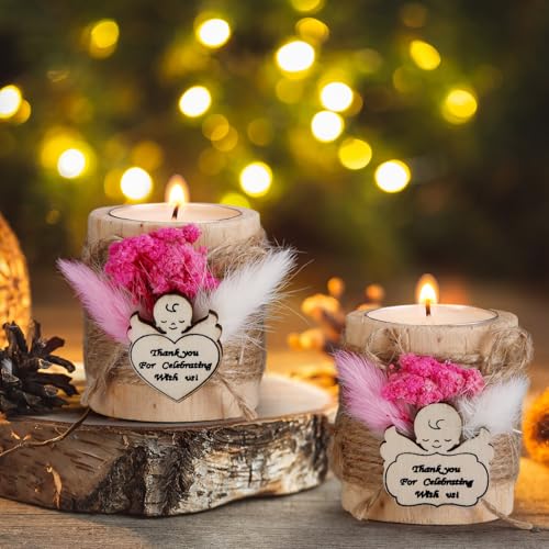 Mtlee مجموعة شموع المعمودية MTLEE 20 مجموعة هدايا للضيوف حوامل شموع خشبية مع شموع تيلايت بطاقات وصناديق هدايا للمعمودية حفلات الزفاف حفلات استقبال الأطفال تذكارات (وردي، طفل)  - Image 3