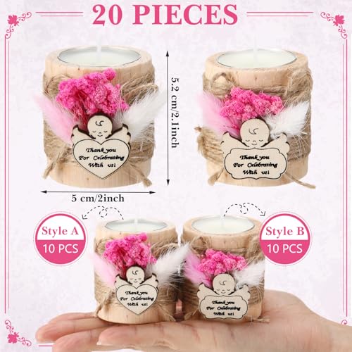 Mtlee مجموعة شموع المعمودية MTLEE 20 مجموعة هدايا للضيوف حوامل شموع خشبية مع شموع تيلايت بطاقات وصناديق هدايا للمعمودية حفلات الزفاف حفلات استقبال الأطفال تذكارات (وردي، طفل)  - Image 2