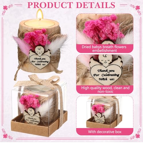 Mtlee مجموعة شموع المعمودية MTLEE 20 مجموعة هدايا للضيوف حوامل شموع خشبية مع شموع تيلايت بطاقات وصناديق هدايا للمعمودية حفلات الزفاف حفلات استقبال الأطفال تذكارات (وردي، طفل)  - Image 5