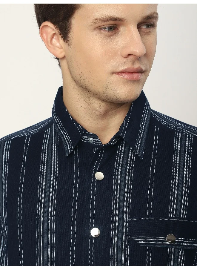 بيونغ Navy Blue Striped Cotton Corduroy Shirt