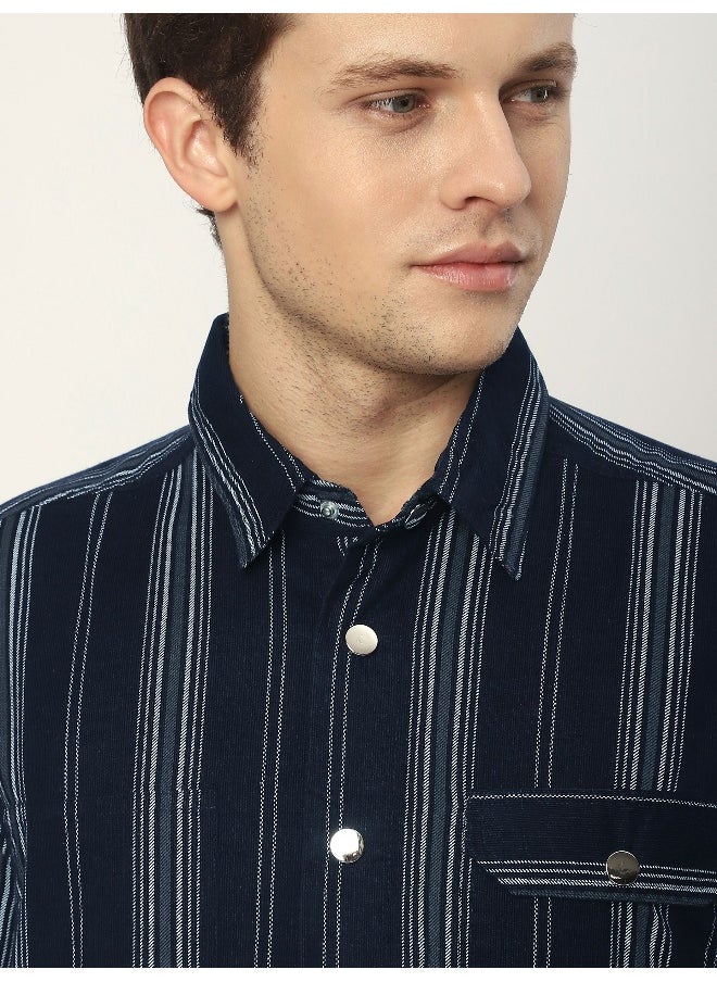 Beyoung Navy Blue Striped Cotton Corduroy Shirt  - Image 2