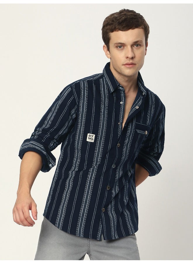 Beyoung Navy Blue Striped Cotton Corduroy Shirt  - Image 1