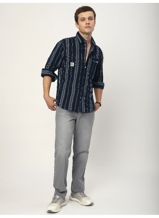 Beyoung Navy Blue Striped Cotton Corduroy Shirt  - Image 5