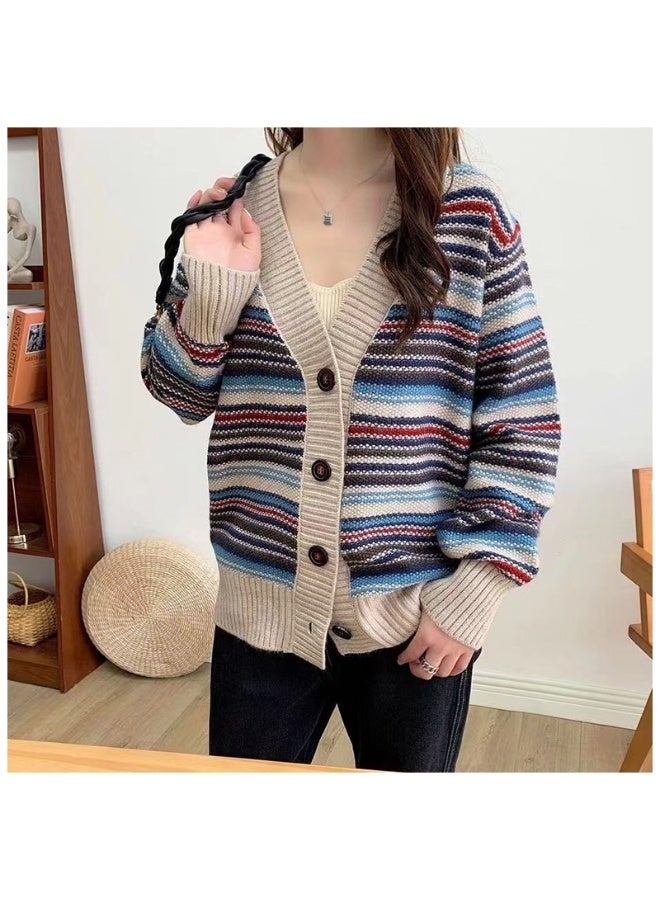 NIBEMINENT Spring Autumn Knitted Top Women's Cashmere Sweater  Winter  Fashion Color Thread Cardigan Women's Casual Loose Jacket