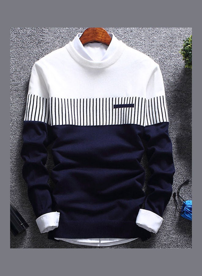 NIBEMINENT Fashion Men Knitted Sweater Block Patchwork Blue/White  - Image 1