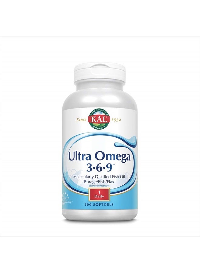 KAL Ultra Omega 3-6-9 1200mg | Fish Oil w/Cold Pressed Flaxseed & Borage Oil | Skin, Hair, Heart, Memory | 200 Softgels - Image 1