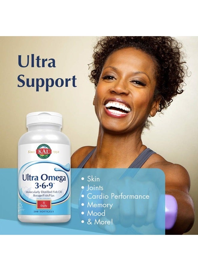 KAL Ultra Omega 3-6-9 1200mg | Fish Oil w/Cold Pressed Flaxseed & Borage Oil | Skin, Hair, Heart, Memory | 200 Softgels - Image 3