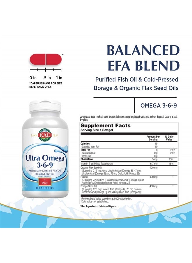 KAL Ultra Omega 3-6-9 1200mg | Fish Oil w/Cold Pressed Flaxseed & Borage Oil | Skin, Hair, Heart, Memory | 200 Softgels - Image 2
