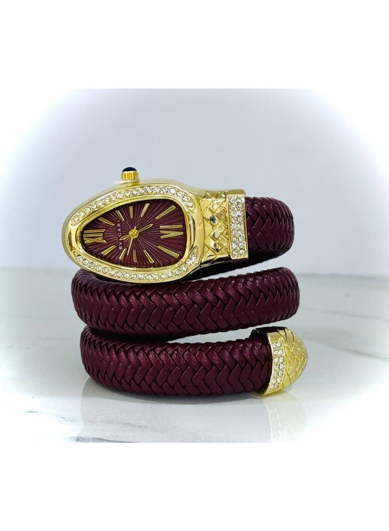 بولغاري ساعة يد حريمي فاخرة أنالوج – سوار حلزوني نبيتي بإطار مرصع بالفصوص