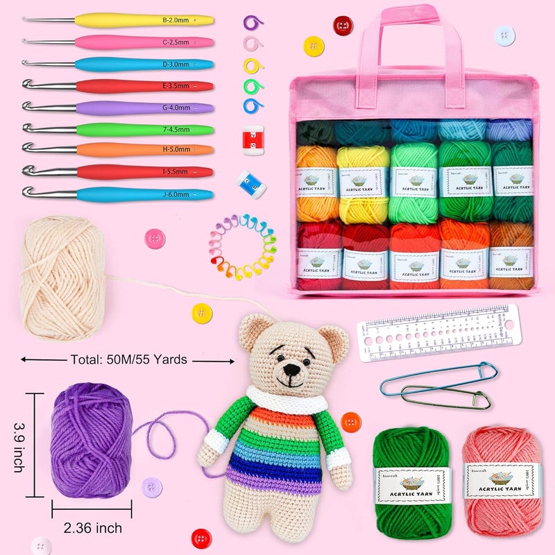 Inscraft Crochet Yarn Kit for Beginners Adults and Kids, Includes 1650 Yards 30 Colors Acrylic Skeins, User Manual, Hooks, Pink Bag etc, Make Amigurumi & Crocheting Projects, Starter Set for Professionals - Image 3