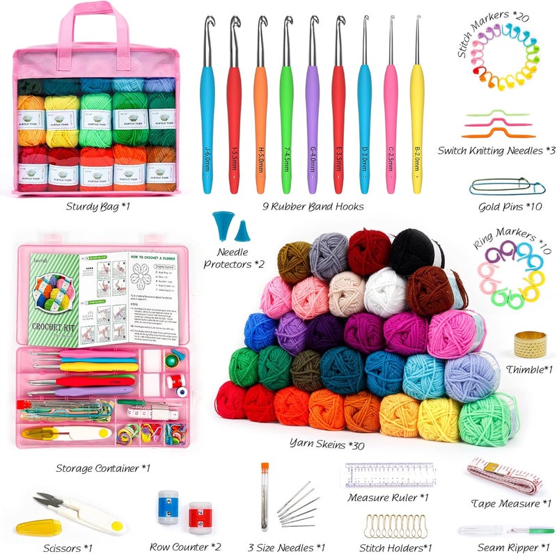 Inscraft Crochet Yarn Kit for Beginners Adults and Kids, Includes 1650 Yards 30 Colors Acrylic Skeins, User Manual, Hooks, Pink Bag etc, Make Amigurumi & Crocheting Projects, Starter Set for Professionals - Image 2