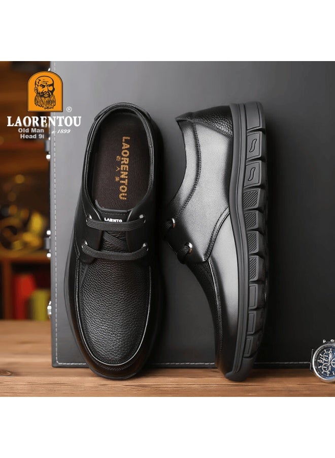 Laorentou Spring Autumn Men's Business Casual Round Toe Leather Lace-up Dad Shoes A90222 Black Size 40 - Image 3