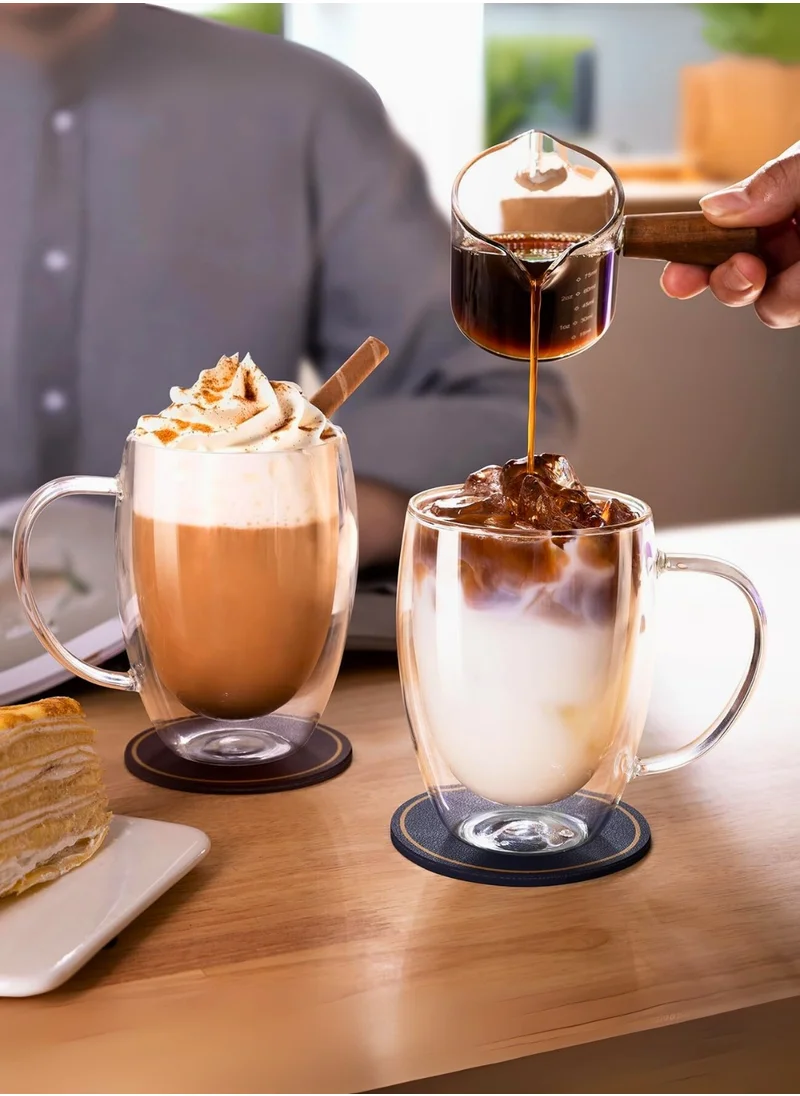 1Chase Set of 2 Double Wall Glass Cups – 350ML | Heat-Resistant Coffee & Tea Mugs with Handle