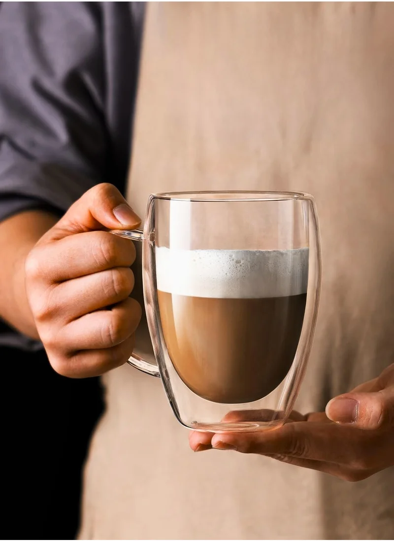 1Chase Set of 2 Double Wall Glass Cups – 350ML | Heat-Resistant Coffee & Tea Mugs with Handle
