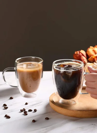 1Chase Set of 2 Double Wall Glass Cups – 350ML | Heat-Resistant Coffee & Tea Mugs with Handle