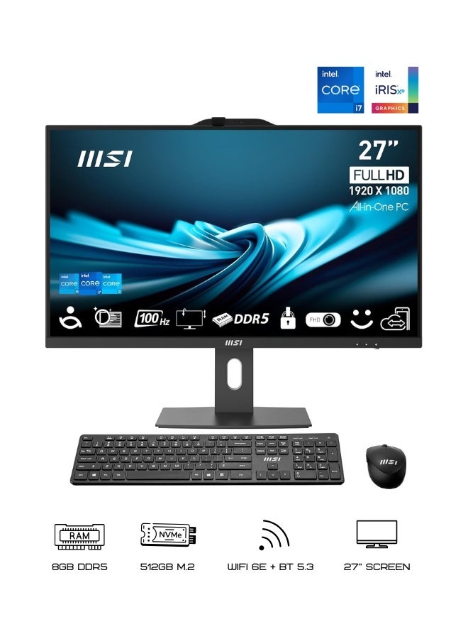MSI PRO AP272P 14M All-In-On Desktop PC – 27” FHD IPS Display, Intel Core i7-14700 (14th Gen) , 8GB DDR5 RAM, 512GB PCIe NVMe SSD, Intel® Iris® Xe UHD Graphics, WiFi 6E, Built-in Webcam, Keyboard & Mouse, DOS, Black English Black - Image 1