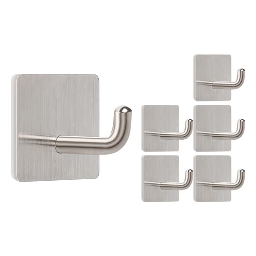 Livabber Adhesive Towel Hooks, 304 Stainless Steel Self Sticky Wall Hooks Waterproof Shower Hooks for Robe/Clothes, No Drilling Towel Hangers for Bathroom Kitchen Bedroom (Brushed Nickel, 6 Packs) - Image 1