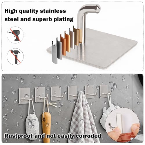 Livabber Adhesive Towel Hooks, 304 Stainless Steel Self Sticky Wall Hooks Waterproof Shower Hooks for Robe/Clothes, No Drilling Towel Hangers for Bathroom Kitchen Bedroom (Brushed Nickel, 6 Packs) - Image 3